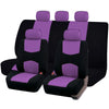 A set of purple and black universal fabric car seat covers, including front and rear seats.