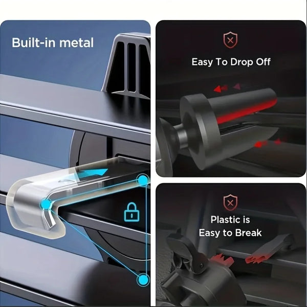 A universal car phone mount featuring a built-in metal clip and a plastic component designed for easy dropping off.