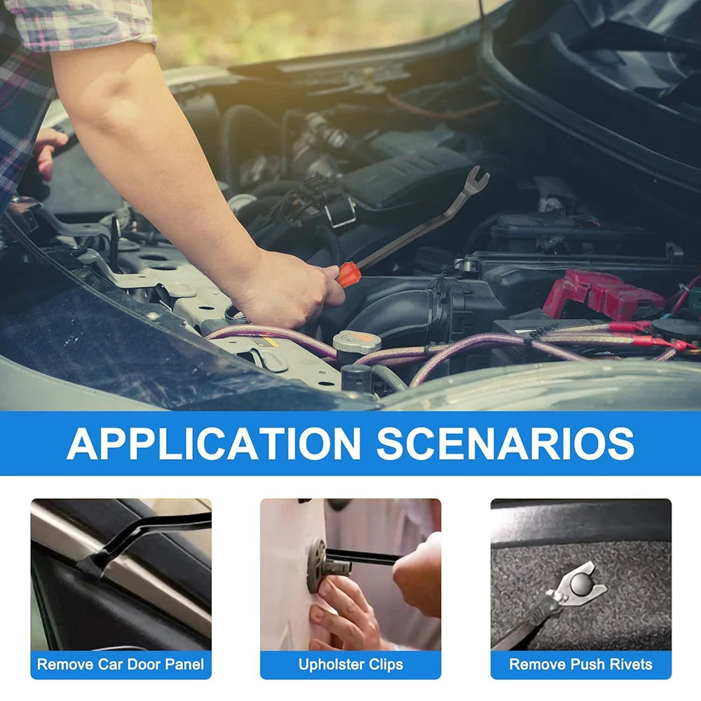Application scenarios showing removal of car door panels, upholstery clips, and push rivets.