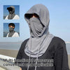 A person wearing a gray multi-functional sunscreen balaclava face mask with a hood and a fabric covering.