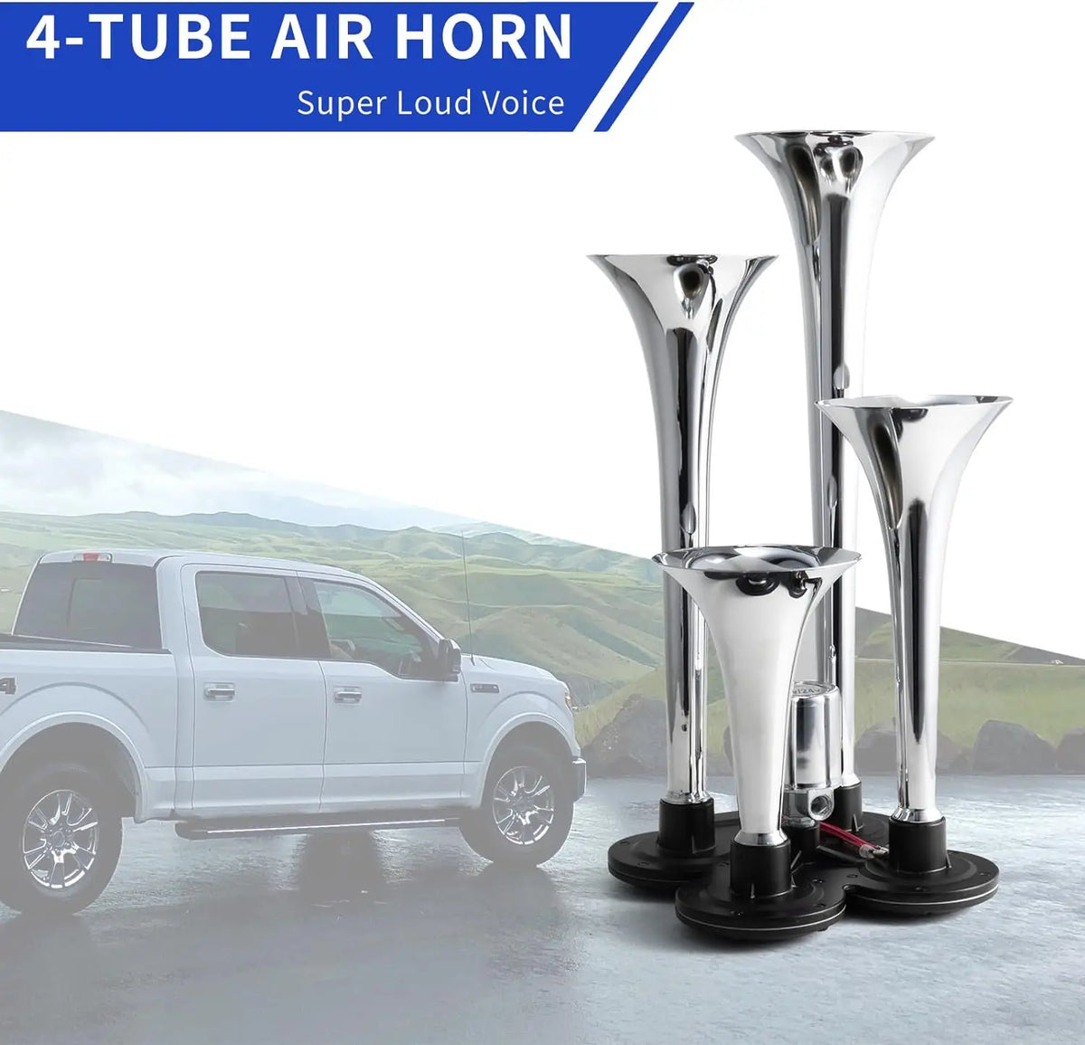 A silver 4-tube air horn system is shown next to a white pickup truck.