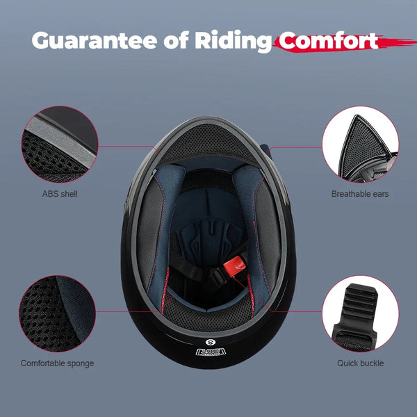 A black full face motorcycle helmet showing internal components like an ABS shell, comfortable sponge, and breathable ears.