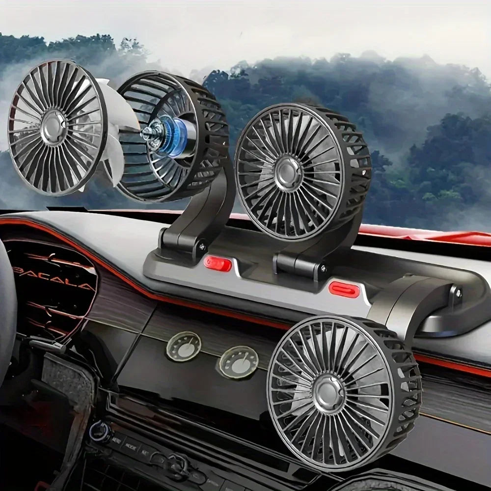 A close-up of a black car featuring three adjustable cooling fans mounted on the roof.