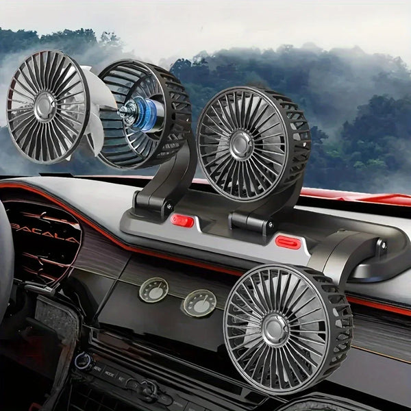 A close-up of a black car featuring three adjustable cooling fans mounted on the roof.