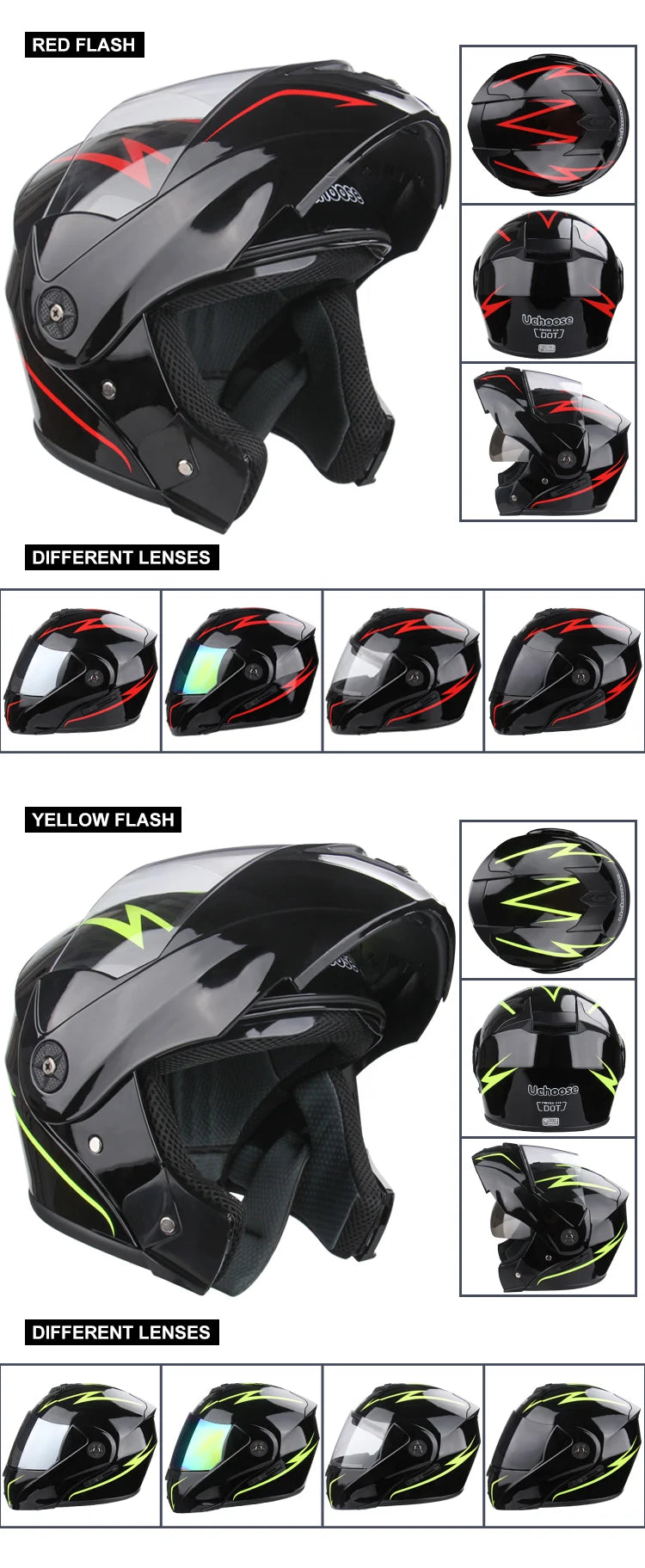Black flip-up motorcycle helmet with red and yellow LED flash lights and different lens options