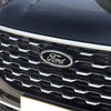 Close-up of a black car's grille featuring the Ford emblem badge.