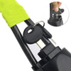 Close-up of a black vehicle anti-theft steering wheel and seat belt lock mechanism with a bright green strap.