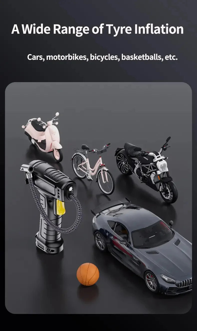 A portable digital tire air pump is shown with various items like a car, motorcycle, bicycle, and basketball.