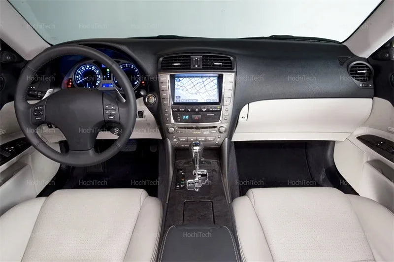Interior view of a Lexus IS series car showing the dashboard, steering wheel, and front seats.