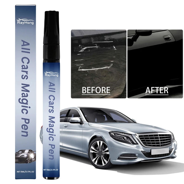 RayHong All Cars Magic Pen showing before and after results on a silver car surface.