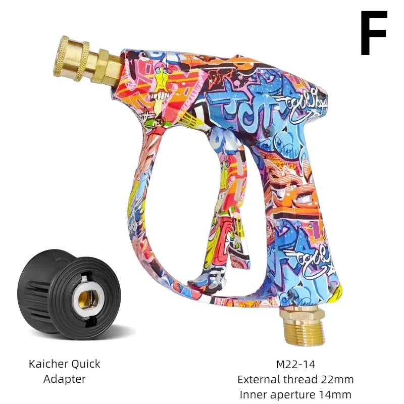 A high-pressure foam water gun kit with a brass nozzle and an adapter is shown against a white background.
