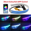 An RGB DRL LED light strip for automotive featuring various colored light patterns and an accompanying APP control device.