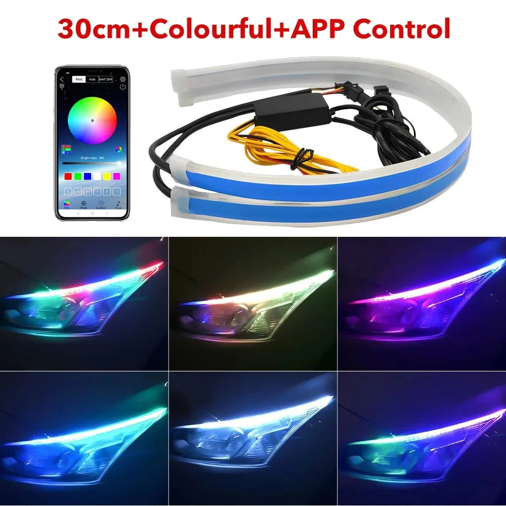 An RGB DRL LED light strip for automotive featuring various colored light patterns and an accompanying APP control device.