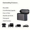 A black portable car trash can with a hanging lid shown next to icons representing various vehicles.