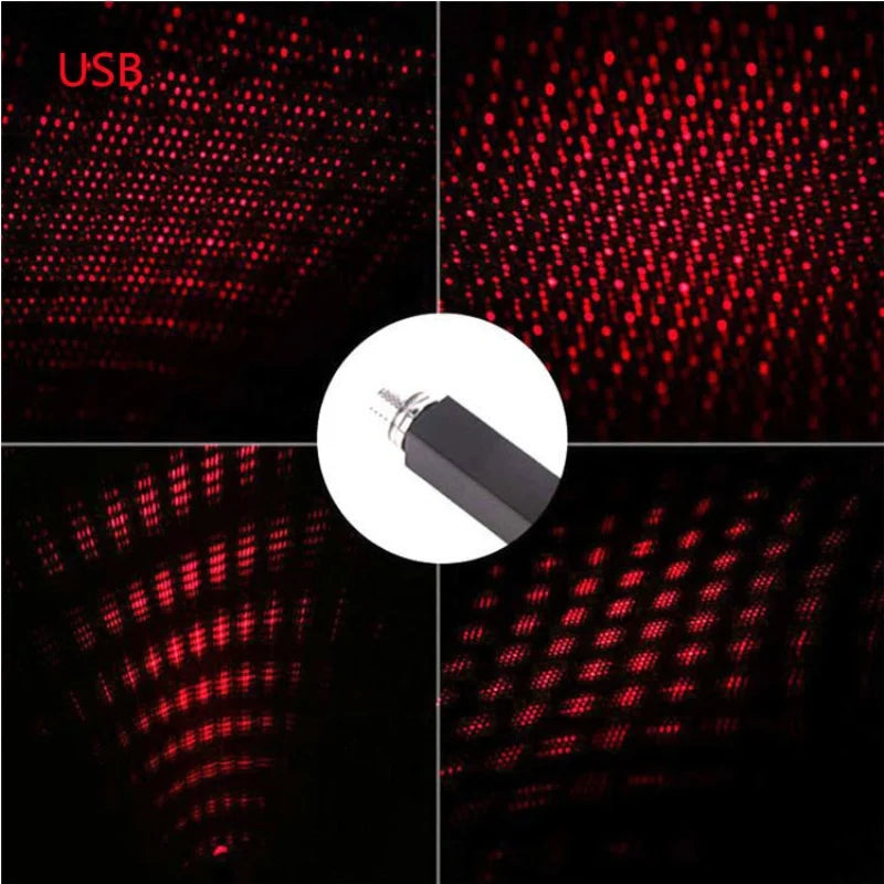 A portable LED star projector night light displaying red dots and patterns against a dark background.