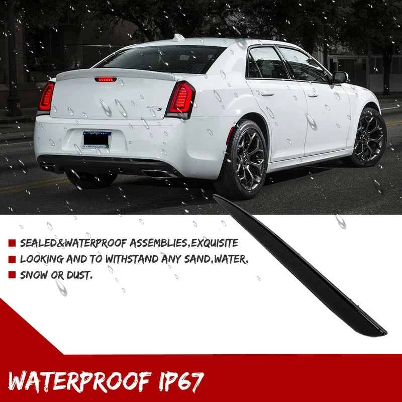 Close-up of a white Chrysler 300 with black rear bumper reflector light covers installed, demonstrating IP67 waterproof prote