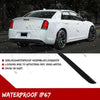 Close-up of a white Chrysler 300 with black rear bumper reflector light covers installed, demonstrating IP67 waterproof prote
