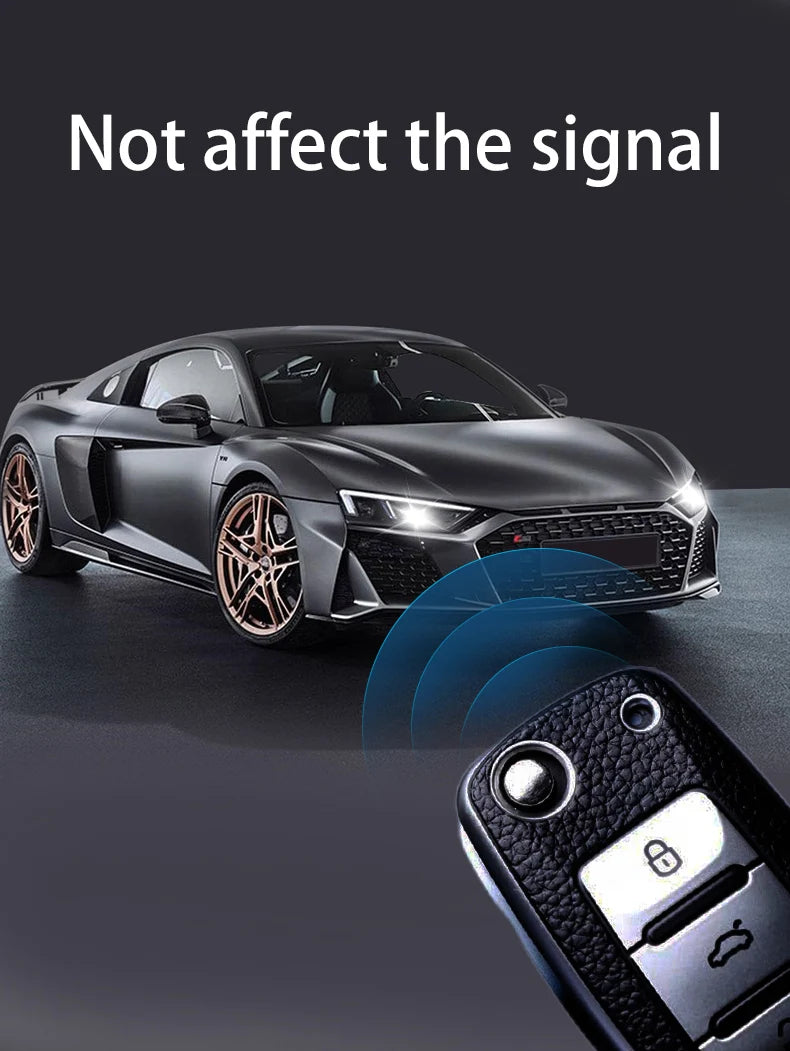 A black sports car is shown next to a close-up of a TPU car key fob cover for Volkswagen Group vehicles.