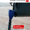 A hand is using a blue funnel tool to pour oil from a dark container onto a surface.