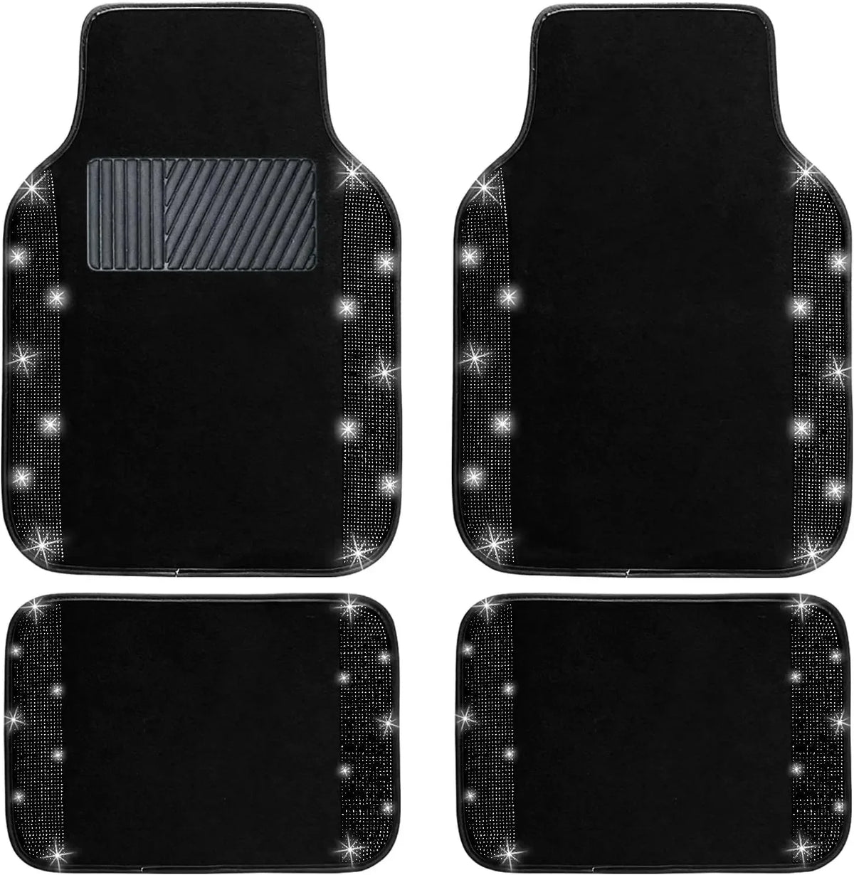 A set of black sparkling diamond car floor mats shown in four different shapes and textures.