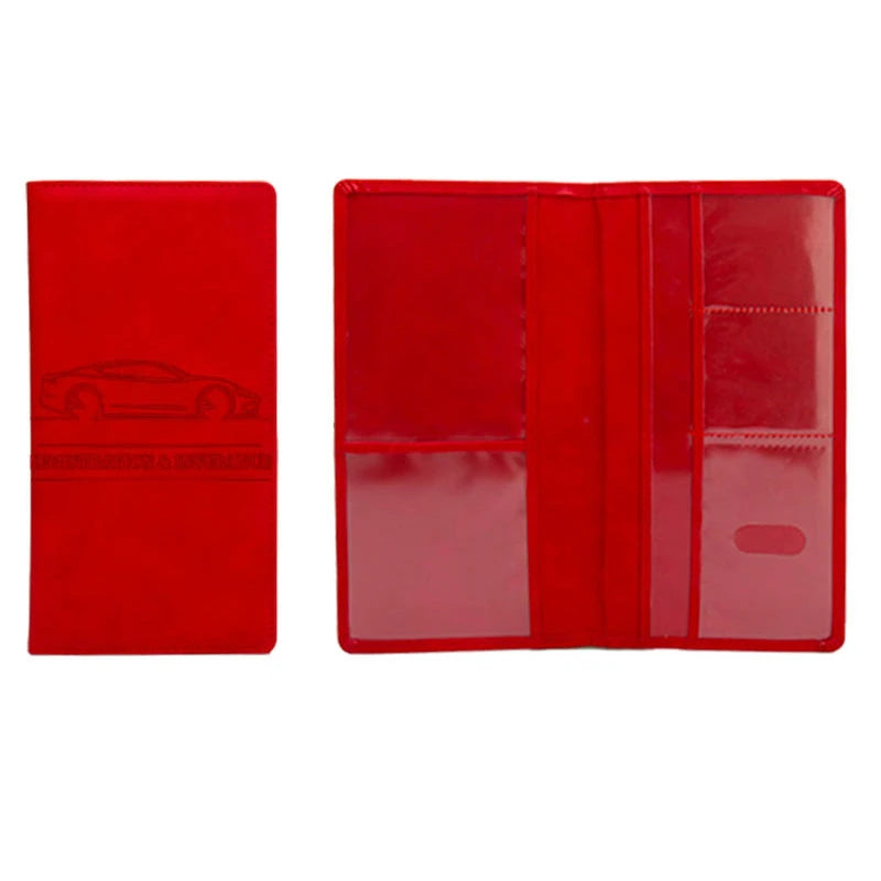 A red premium leather document and ID holder with a silhouette of a car embossed on the cover.