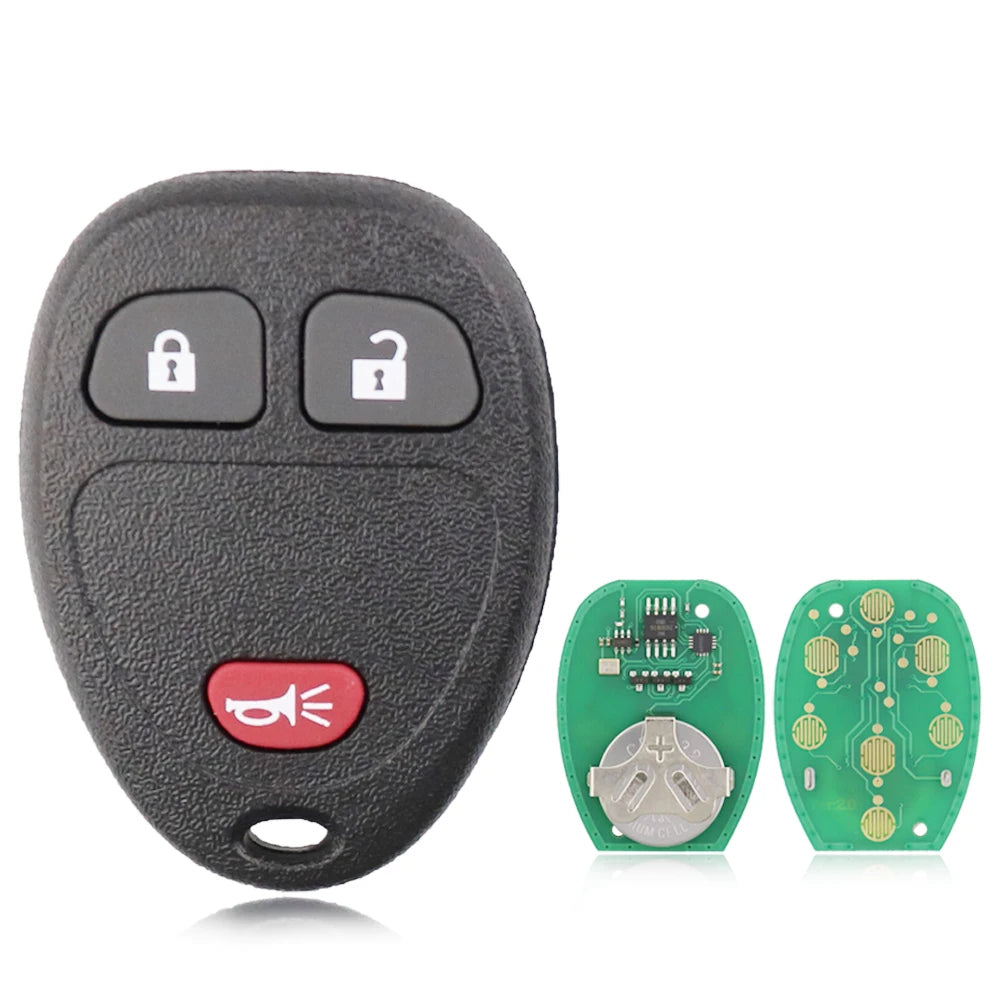 A black universal remote car key featuring two lock buttons and a red emergency button, with circuit boards shown separately.