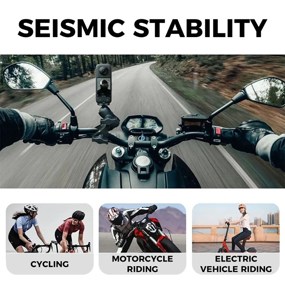 A motorcycle handlebar view showing a camera mount for seismic stability testing.