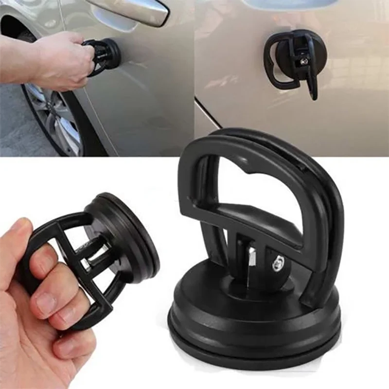 A black suction cup dent puller tool is shown being used on a car door, with the tool itself displayed separately.