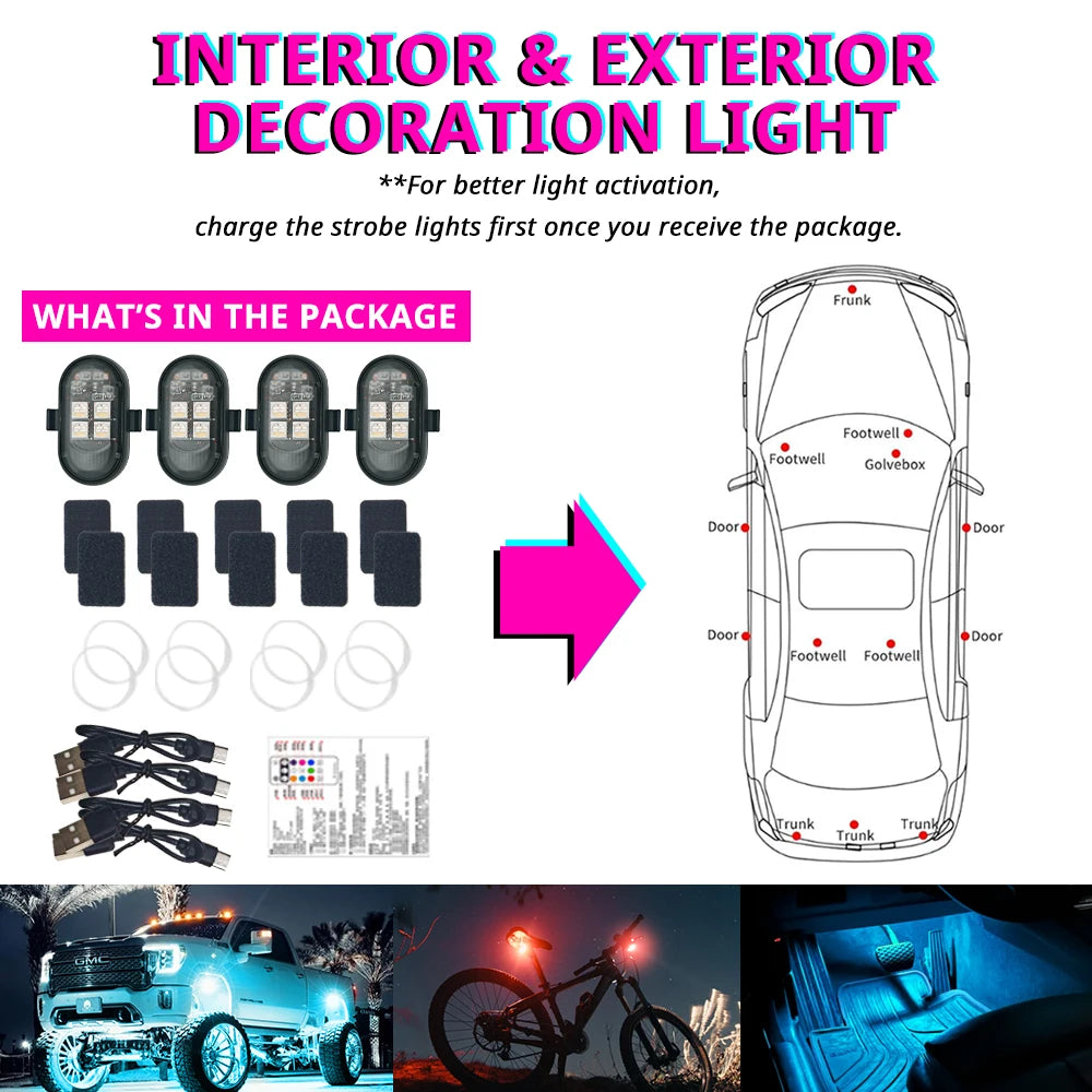 Stroboskoplichter für Innenein- und Außendekoration installiert in einem Fahrzeug und auf einem Fahrrad.