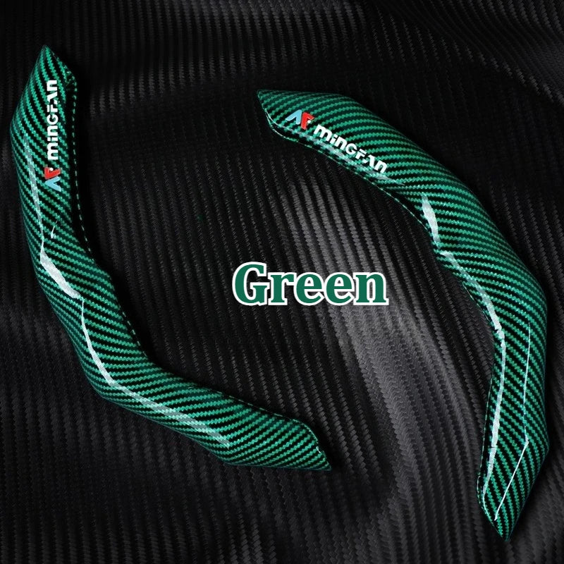 Green carbon fiber steering wheel cover displayed against a black carbon fiber background.