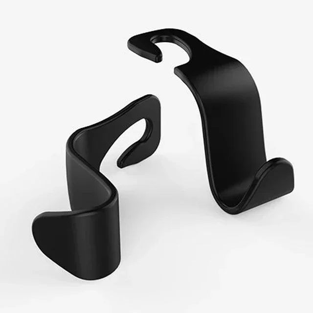 Black universal car seat back headrest storage hooks designed for securing items.