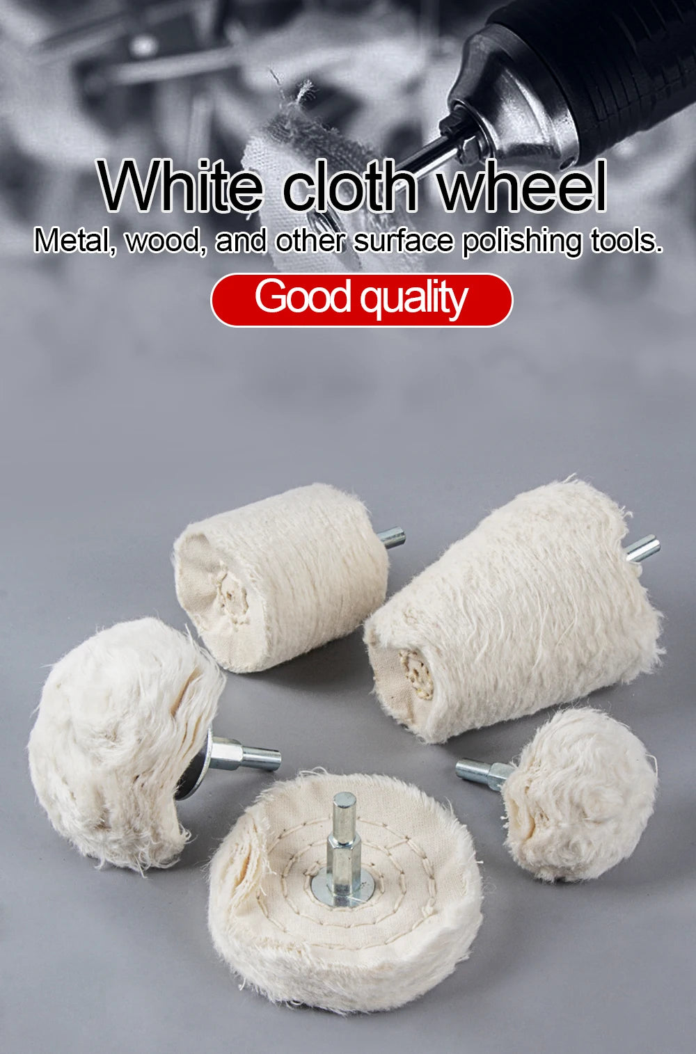 White cloth wheel used for polishing metal, wood, and other surfaces.