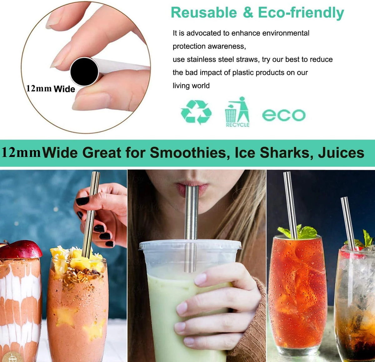 Set wiederverwendbare Edelstahl-Trinkhalme für Smoothies, Säfte und Eiskränke.