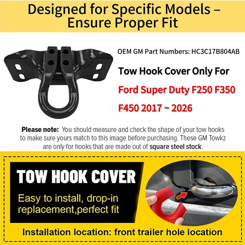 Black tow hook cover designed for Ford Super Duty trucks, featuring a drop-in replacement fit.