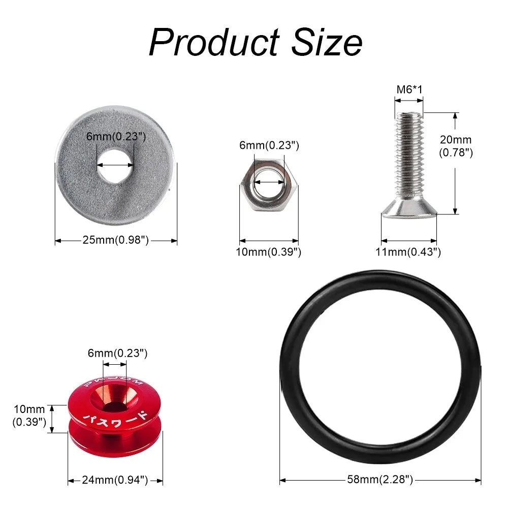 Various sizes of M6 bolts, a black ring, and a red button fastener for automotive use