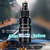 A bottle of Prepinfoam glass anti-fog spray is shown in a car interior setting.