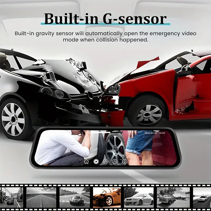 A car interior view showing a built-in G-sensor feature and a dashboard camera setup.