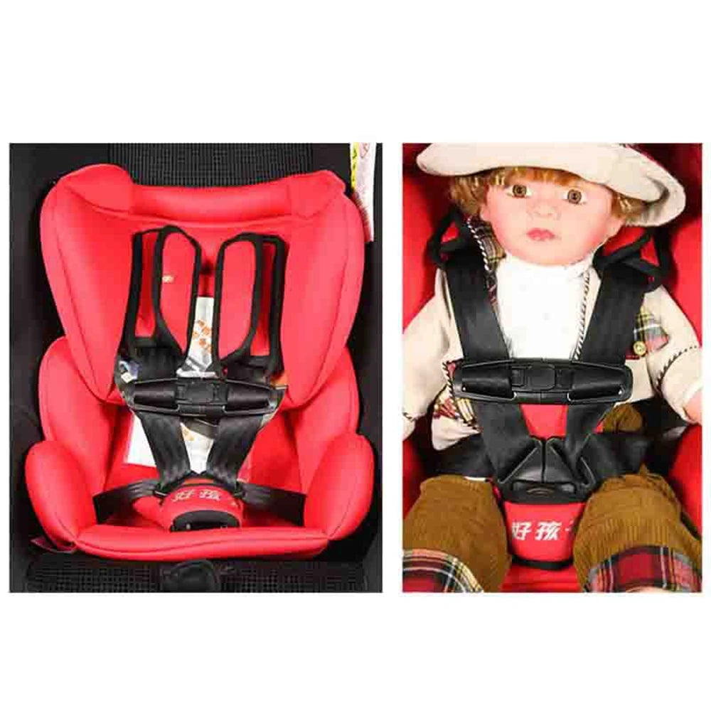 A red car seat belt clip and harness for child safety, shown in two views.