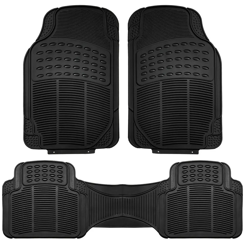 A set of three heavy-duty all-weather rubber floor mats in black, shown from the top and a bottom view.