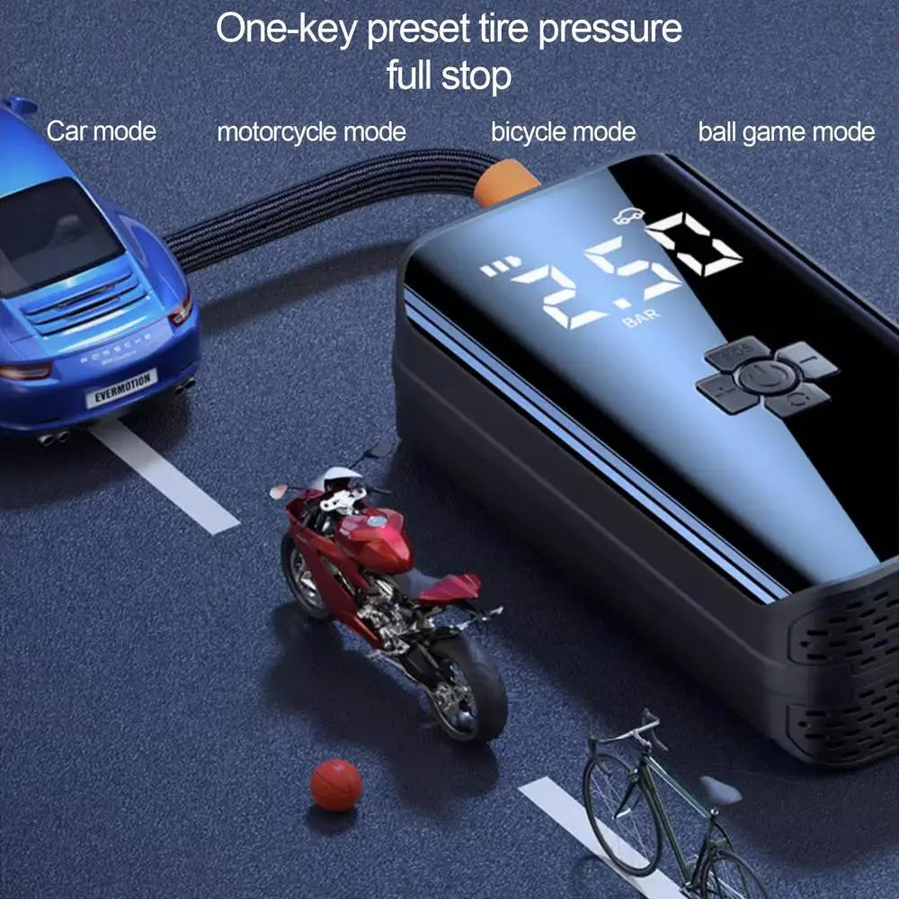 A portable digital air compressor device is shown with various modes for car, motorcycle, bicycle, and ball game tires.