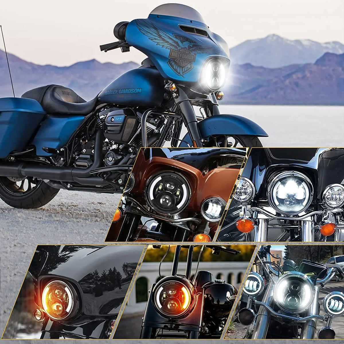 Close-up view of a blue Harley Davidson motorcycle with various LED headlights and custom components.