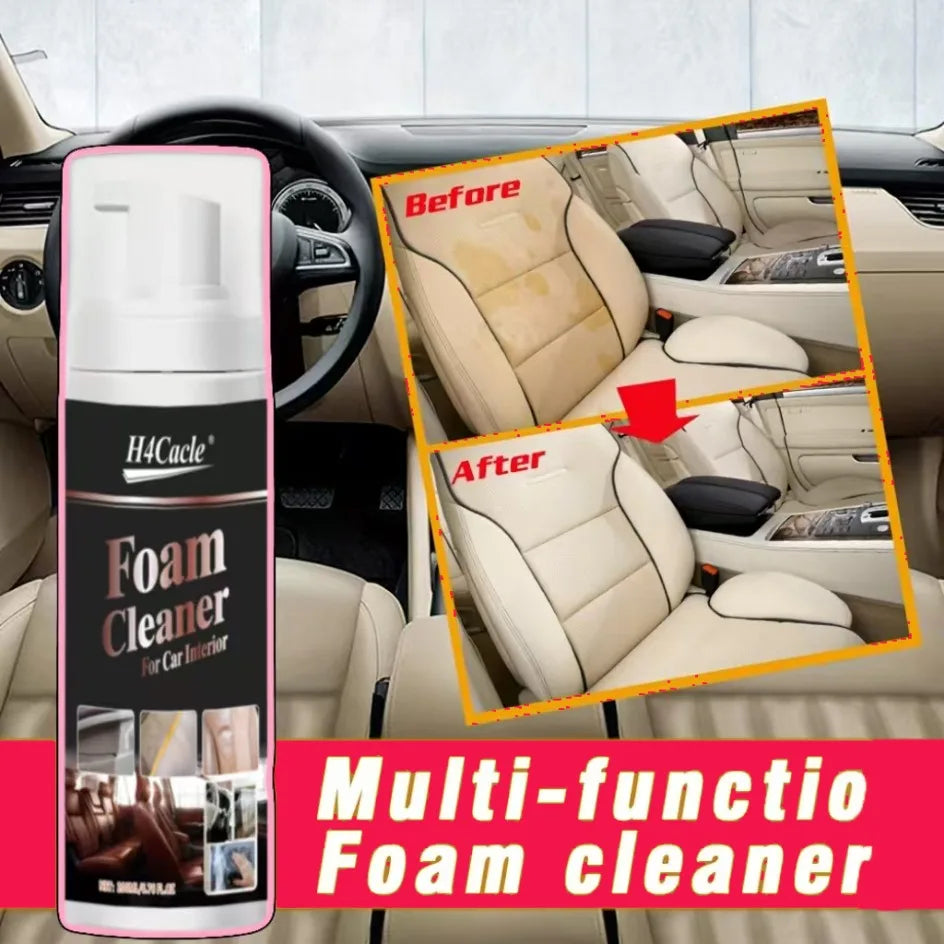 A bottle of multi-function foam cleaner is shown next to a car interior before and after cleaning.