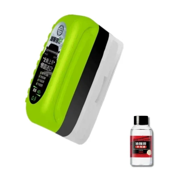 A bright lime green and black windshield cleaning brush set with a handle and cleaning bristles.