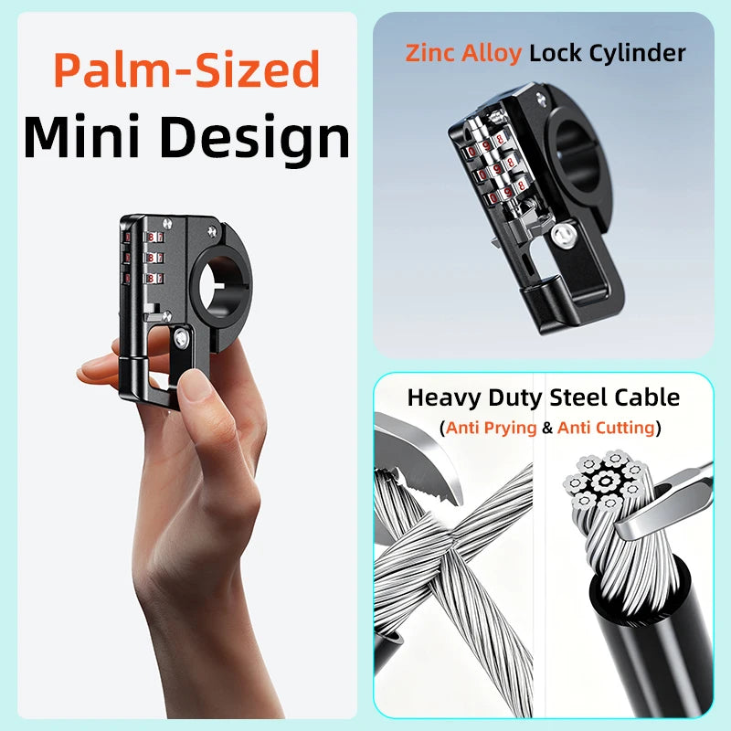 Palm-sized mini design zinc alloy lock cylinder and heavy duty steel cable for motorcycle helmet security