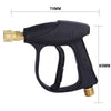 Black high pressure washer gun with a brass tip and a handle, shown with dimensions.