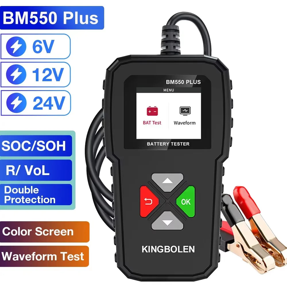 Testeur de batterie numérique noir avec plusieurs options de tension et un écran couleur, monté à côté des sondes de test.