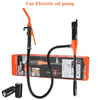 An orange electric oil pump with a black hose and nozzle is shown next to its packaging.