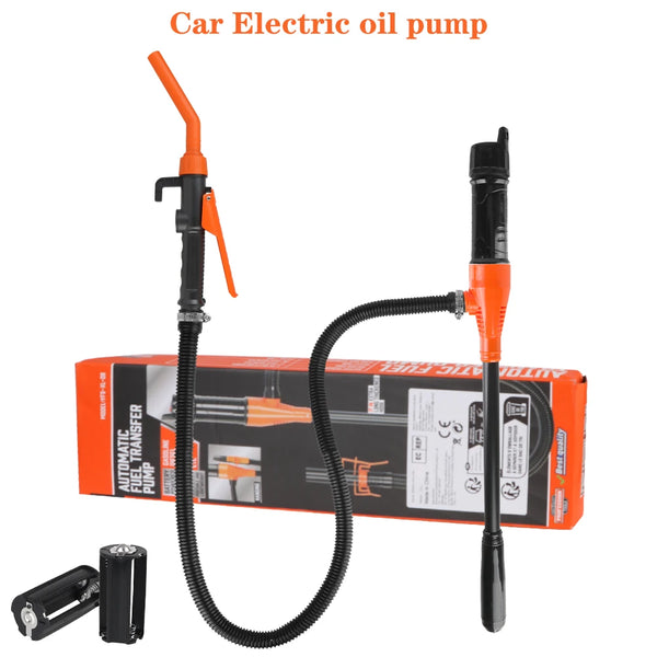 An orange electric oil pump with a black hose and nozzle is shown next to its packaging.