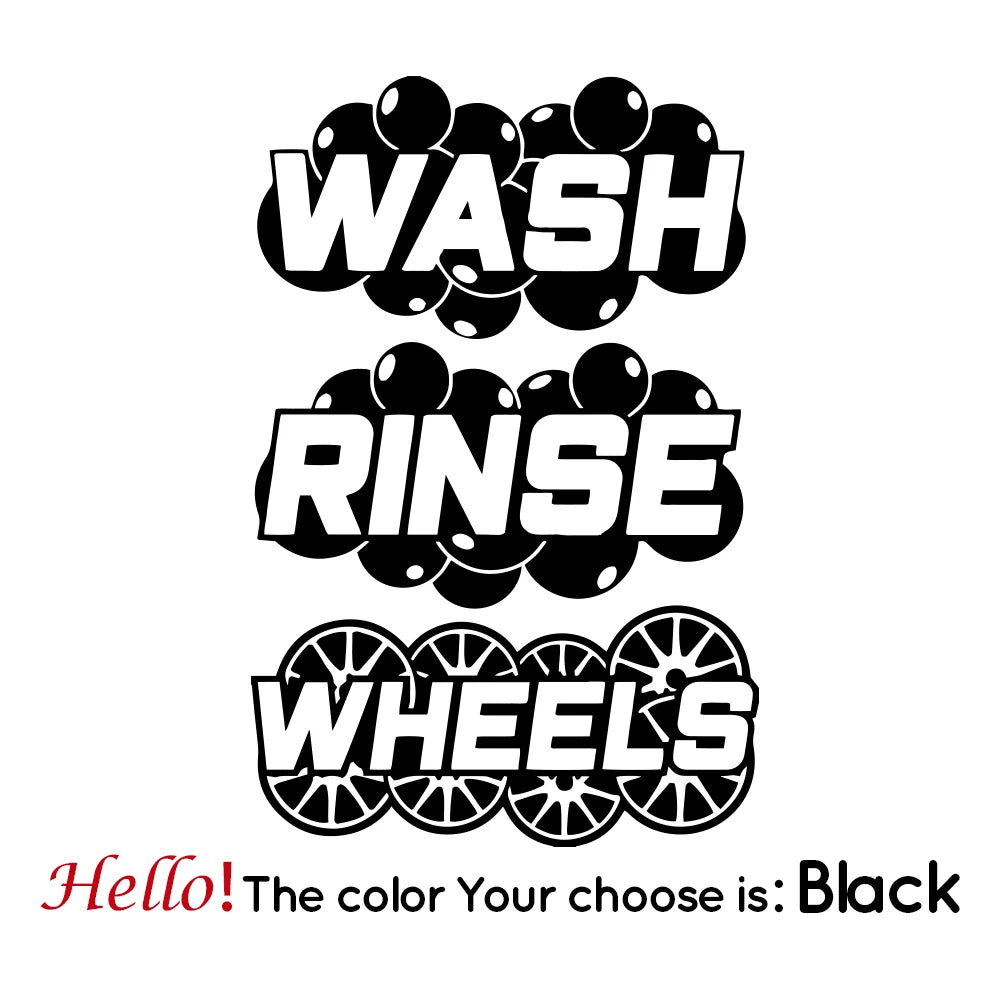Black vinyl decals for car detailing buckets featuring the words WASH, RINSE, and WHEELS.