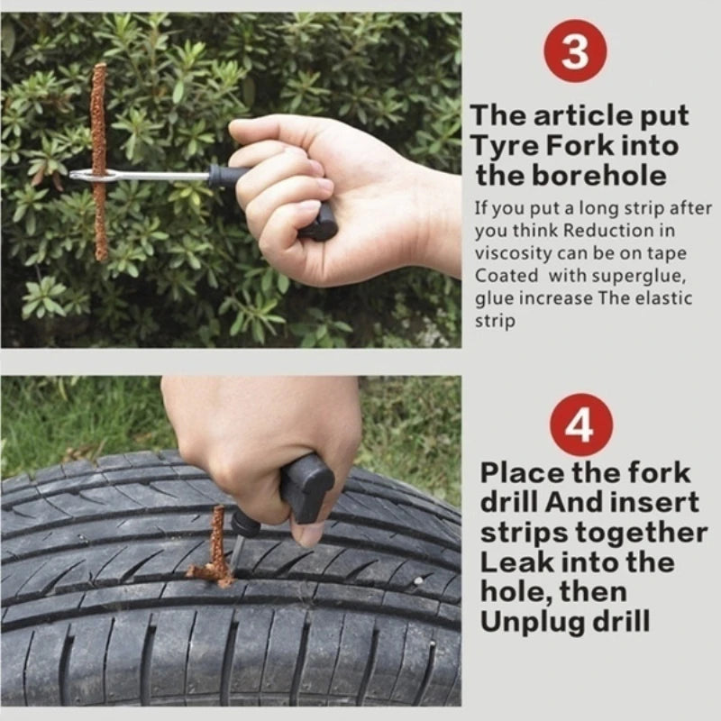 A hand inserts a fork drill and rubber strips into a tire borehole for repair.